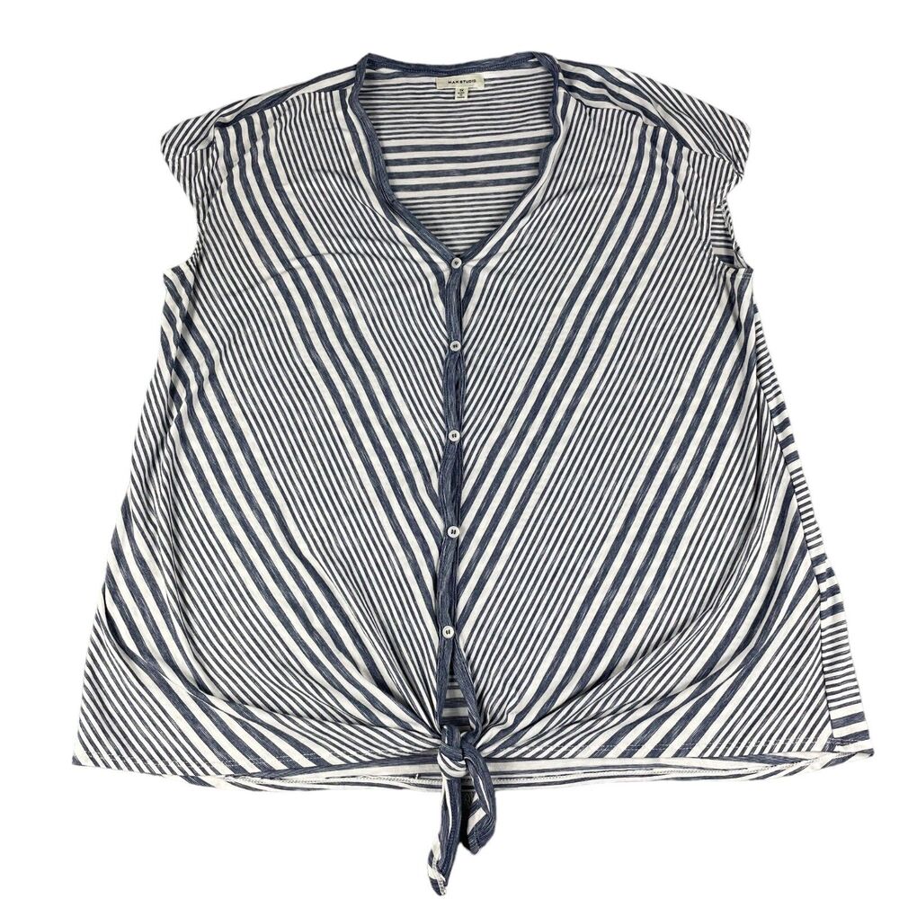 Max Studio Top Women's Extra Large Gray Striped Sleeveless Tie Waist Cap Shirt